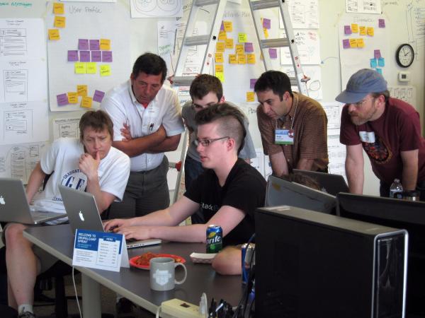 tim.plunkett shows sprint participants how to write automated tests.