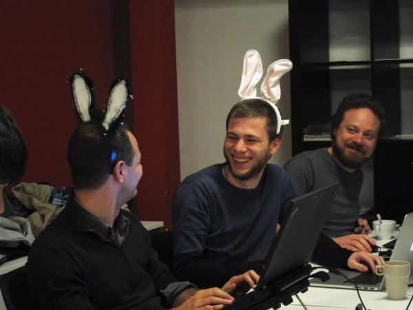 yched, Wim Leers, and pfrenssen at a sprint, wearing bunny ears