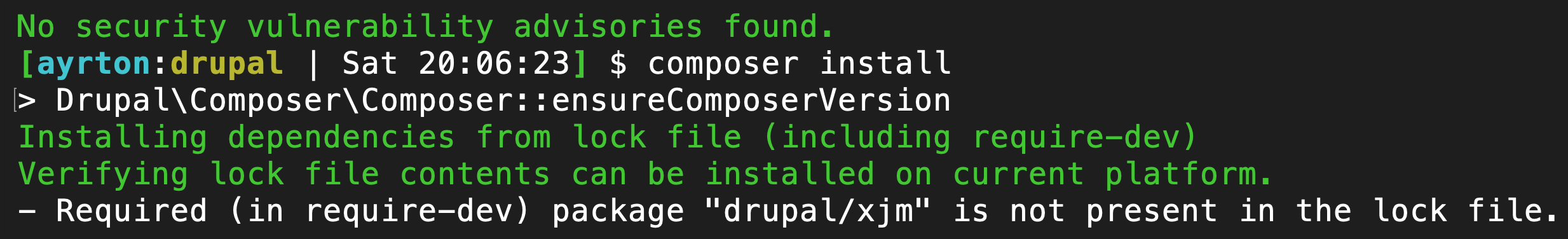 Required (in require-dev) package 'drupal/xjm' is not present in the lock file.