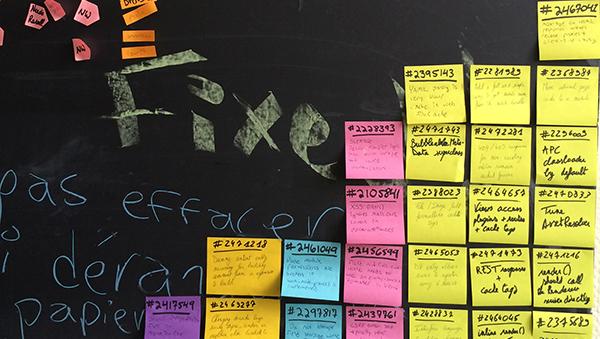 Post-It notes with issue names and IDs on a chalkboard
